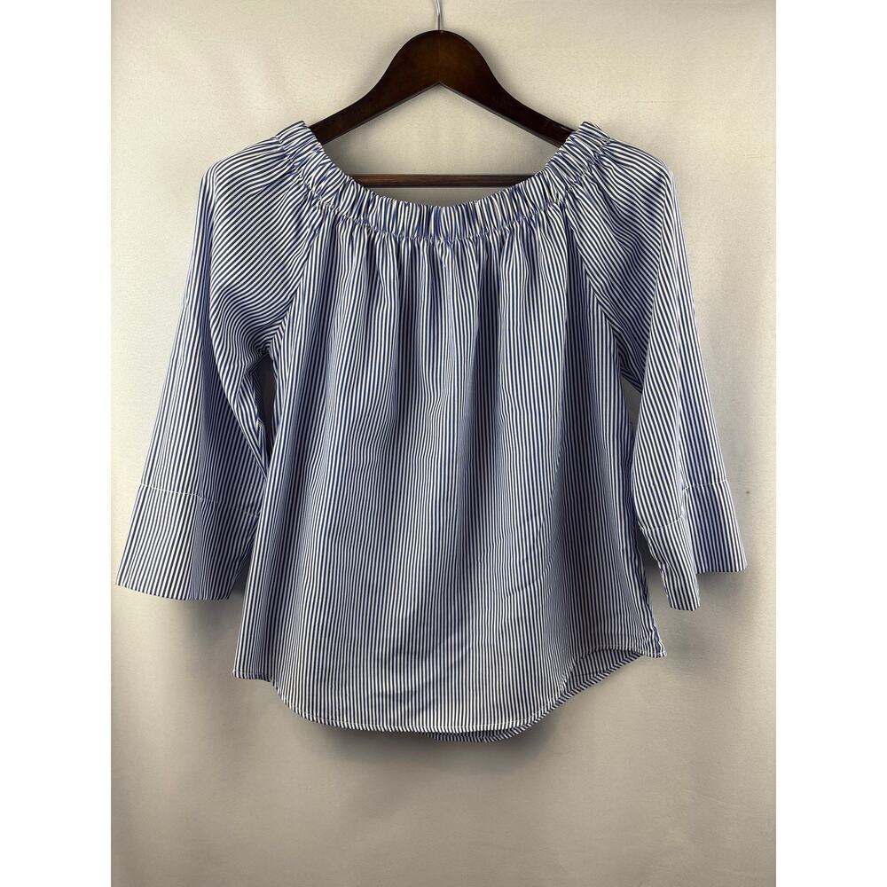 Women’s Kontrol Large White & Blue Striped 3/4 Sleeve Blouse